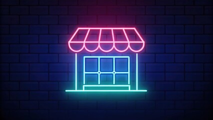Neon sign of a shop on a brick wall