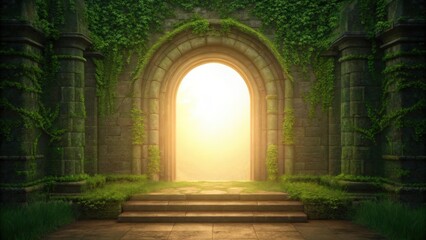 Fototapeta premium a stone archway overgrown with vines and ivy, leading to a bright and mysterious path beyond. The light filtering through the archway creates a sense of hope and promise. 