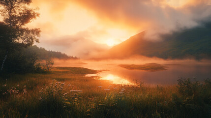 Fototapeta premium Golden sunrise over misty lake and mountain landscape with lush grass fog sky view calm wild water