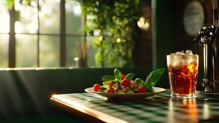 Fresh salad and refreshing drink on a table bathed in sunlight, creating a warm and inviting atmosphere.