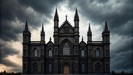 Fototapeta premium a gothic-style church against a dramatic, stormy sky, showcasing detailed architecture and a sense of foreboding grandeur