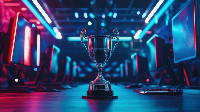 Esports gaming arena with championship trophy, neon lights, computers, and monitors displaying competitive video gameplay.