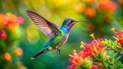 Fototapeta premium A vibrant hummingbird in flight, showcasing iridescent plumage, hovers near bright blossoms in a sunlit garden.