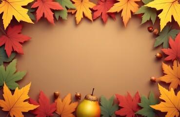 Frame with yellow maple, red oak leaves, acorns and pear fruit. Brown background. Autumn seasonal decoration for Thanksgiving, fall holidays, home decor and organic food.