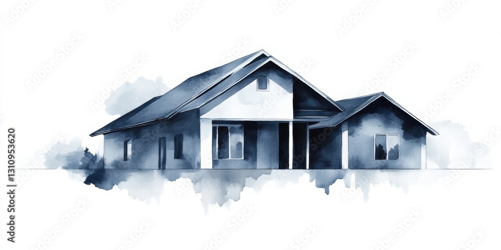 Poster soft watercolor outlines of a serene house in a tranquil setting generative ai