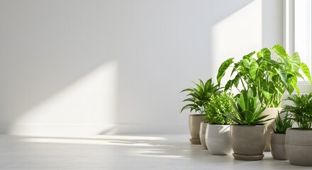 Potted Plants in Sunlit Indoor Garden Composition with Greenery and Natural Light on Plain White Background in PNG Style HD Minimal