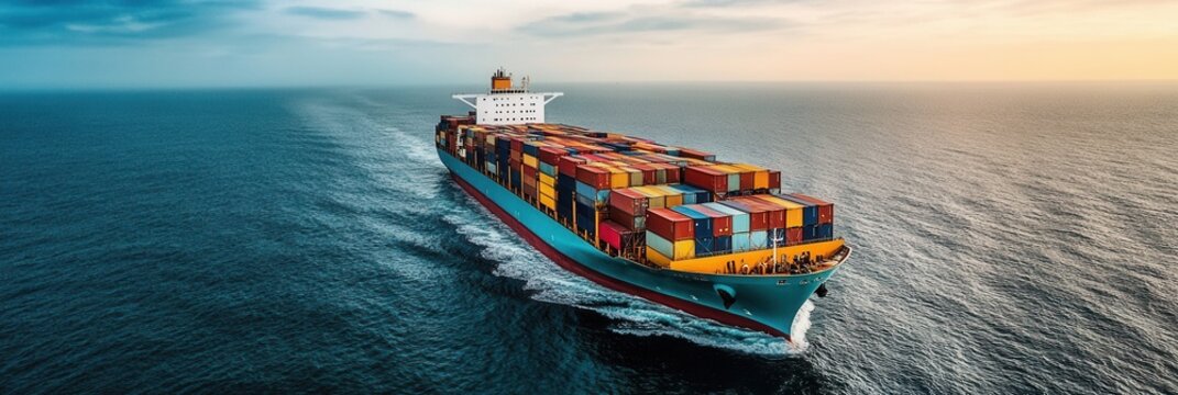 Container ship navigates calm ocean waters during sunset near coastal horizon Generative AI - Powered by Adobe