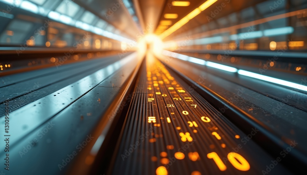 Poster illustration of digital data flow on moving walkway. futuristic information transfer concept, engine