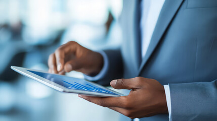 businessman analyzing data on digital tablet in modern office environment
