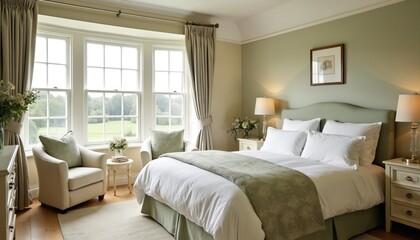 Cozy bedroom with elegant bedding linen and antique furniture. Classic English country house farmhouse interior design. Home holiday rent service. Luxury minimal modern neutral style decor.