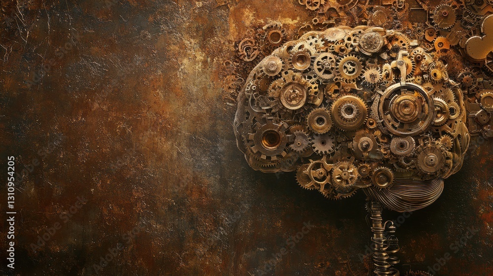 Poster steampunk brain design with intricate gears and warm metallic accents set against a textured backgro