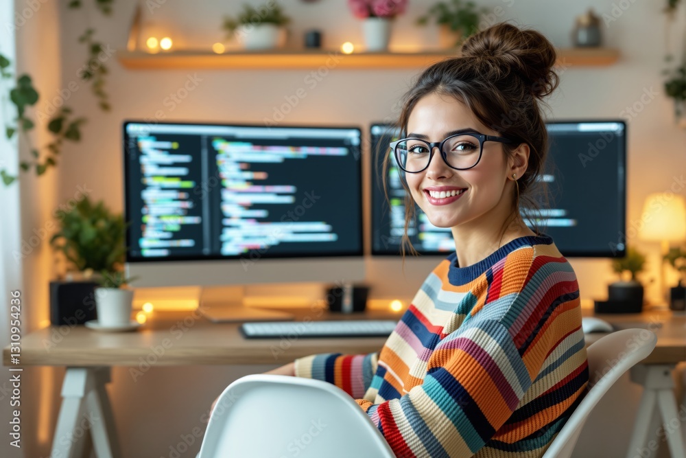 Poster young woman software developer smiling at desk with dual monitors.