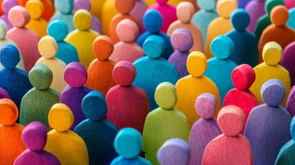 A vibrant collection of colorful wooden figures representing diverse individuals in a crowd.