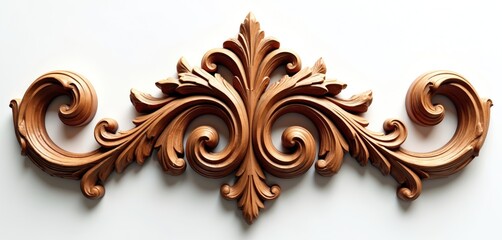 Isolated ornamental wood carving sign on white background. Floral scroll design element, leaf pattern, swirl decoration, vintage ornate decor, brown golden style. Tattoo frame art, banner curls shape.
