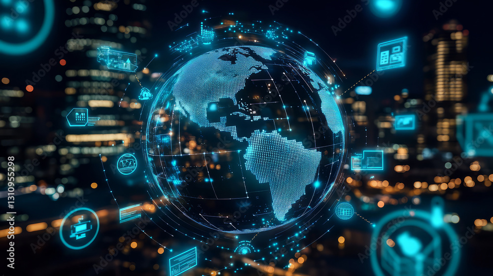 Poster digital globe with glowing connections and icons representing global data and technology