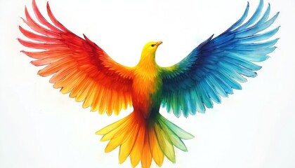 Fototapeta premium Colorful bird watercolor painting with vibrant rainbow gradient wings spread wide. Artwork expresses freedom, flight, lightness. Design element, art, nature, beauty illustration for decoration.