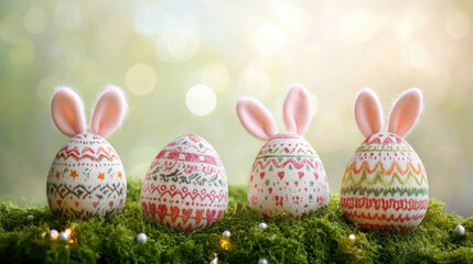 A set of Easter eggs with handmade felt bunny ears, standing upright in a bed of soft moss against a muted, single-tone background