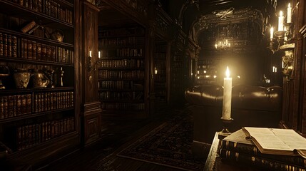 Elegant Library Interior with Warm Candlelight and Classic Books