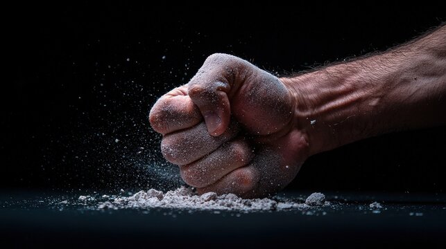 A clenched fist impacting powder, creating a cloud of dust.