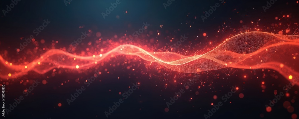 Poster abstract vibrant energy stream with glowing particles. red light waves flow with motion on dark back