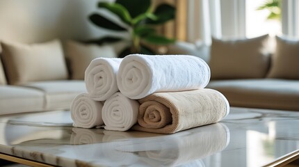 Neatly folded white and beige towels stacked on a polished marble table in a cozy, modern living room. Soft natural light enhances the clean, luxurious, and spa-like ambiance.

