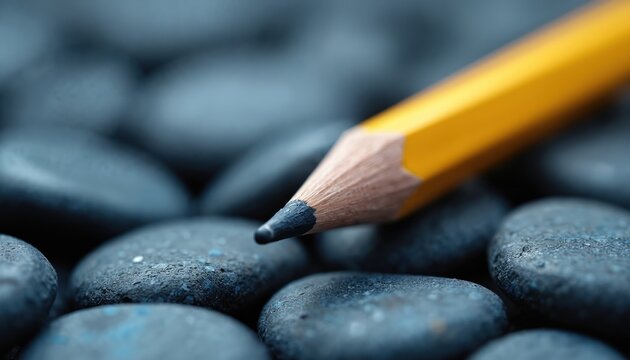 Pencil lies on blue stone pebble background creativity, education, success. School yellow pencil tip lies on stone surface. Art graphic design studio, education, writing symbol idea concept.