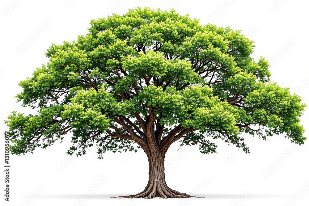 Poster lush green tree with sprawling branches and detailed trunk on clean white background.