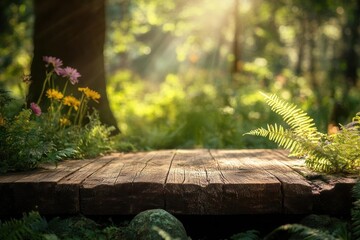 weathered wooden podium nestled in a lush forest clearing, surrounded by sunlit ferns and wildflowers, with dreamy bokeh effect and golden hour lighting creating an ethereal natural display stage