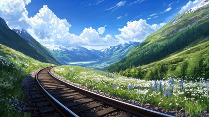 Train tracks through a valley, with wildflowers and hills, curving in a summer travel vista scene