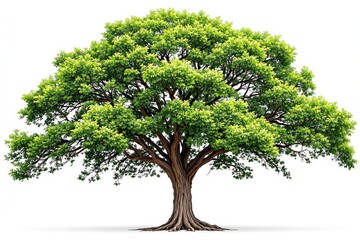 Obraz premium Lush green tree with sprawling branches and detailed trunk on clean white background.
