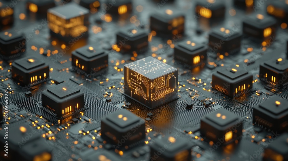 Poster futuristic technology: a 3d render of a circuit board with glowing components
