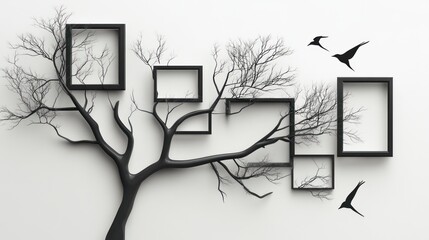 Bare tree with frames, birds flying, white wall, minimalist art