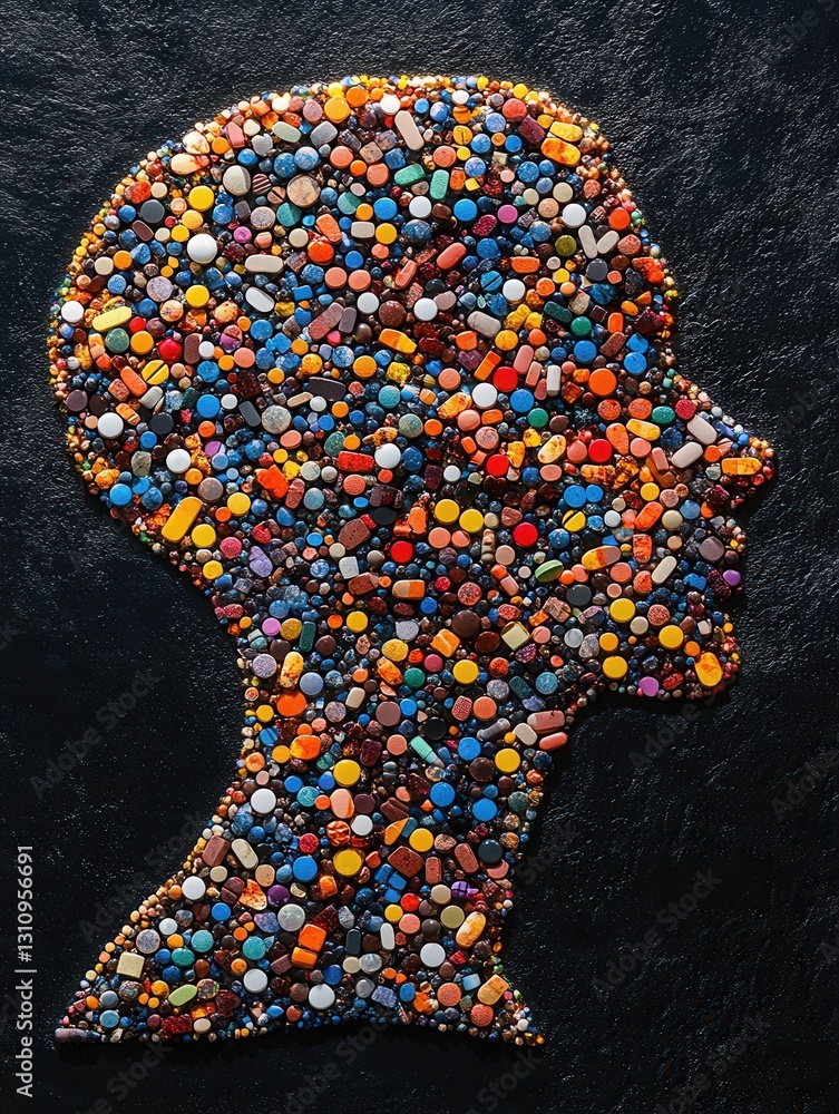Poster Intricate mosaic of colorful pills creating a detailed human silhouette in a creative artistic interpretation Generative AI