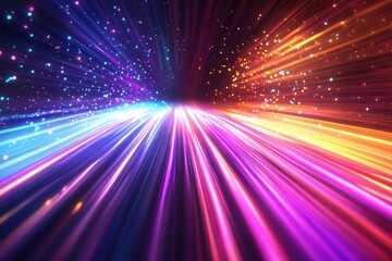 Obraz premium Vibrant light streaks converge, glowing particles surround. Ideal for futuristic, technology, or speed concepts, adds visual energy.