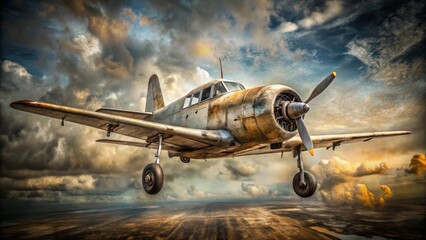 Fototapeta premium A weathered propeller plane soars through a dramatic, cloudy sky, its metallic fuselage gleaming with the hues of a setting sun, a testament to aviation's golden age.