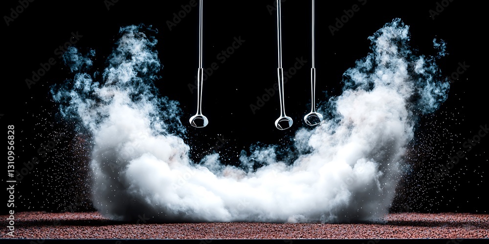 Poster dynamic display of smoke and vapor created by suspended objects against a dark backdrop