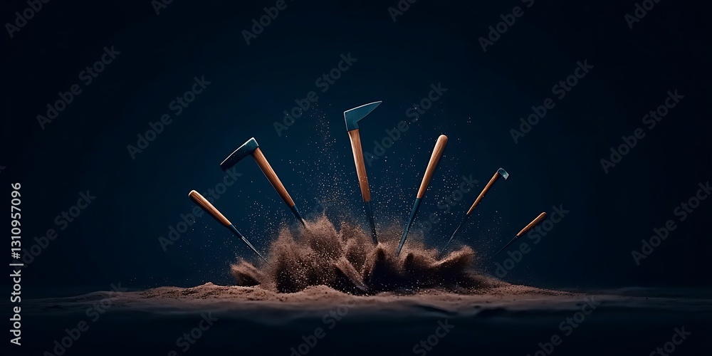 Poster dynamic display of various tools striking sand, creating dramatic dust clouds in a dark setting