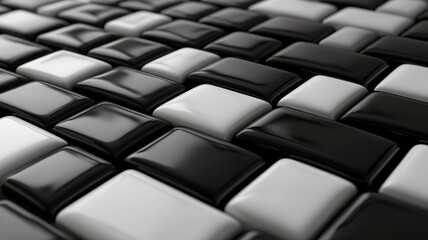 Fototapeta premium Glossy Black and White Rectangular Tiles in Abstract Pattern with Reflective Surface and Modern Design Texture