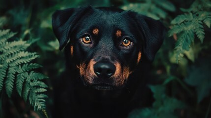 Rottweiler Dog Portrait in Lush Green Foliage