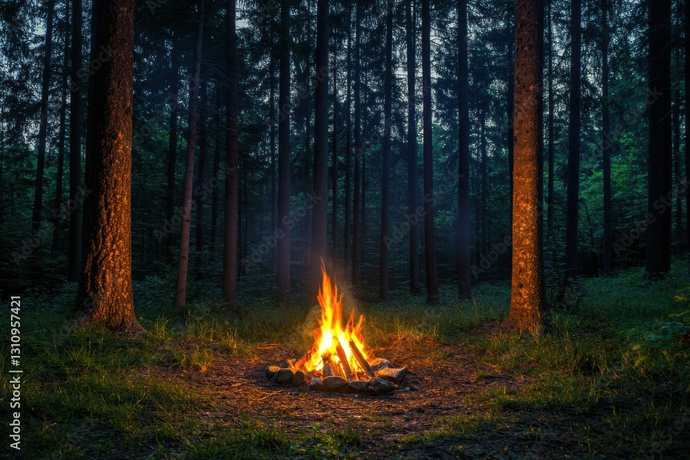 Poster Solitary campfire flickers in a forest clearing at night illuminating the surrounding trees and creating a cozy atmosphere Generative AI