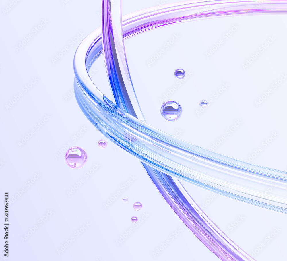 Poster abstract 3d background with glass circle lines and soap balls render. holographic transparent tapes 