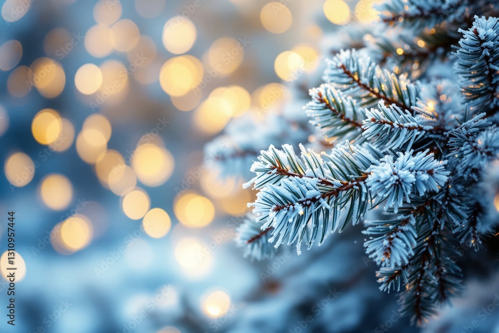 Poster Frosty pine branch with bokeh lights in the background.