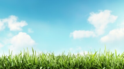 Lush Green Grass Under Bright Blue Sky with Fluffy White Clouds