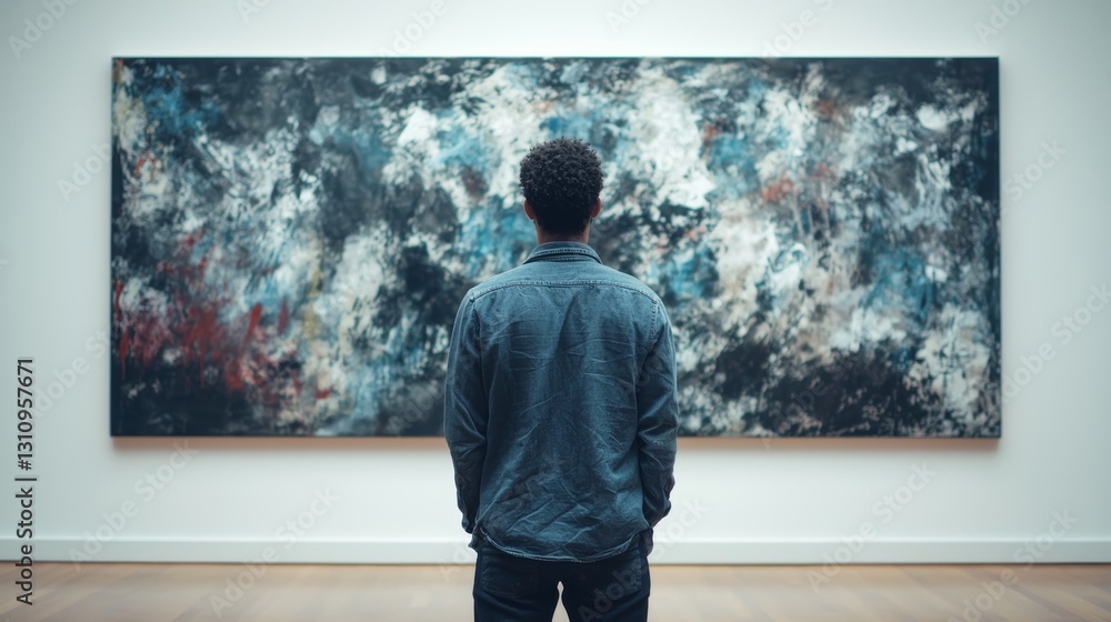 Poster a person admiring an abstract painting in an art gallery, reflecting on the colors and textures pres