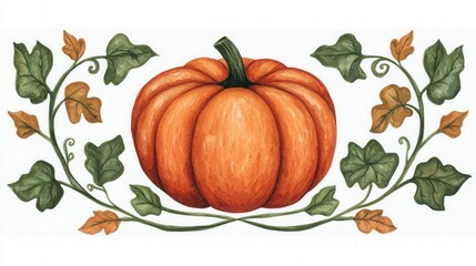 Hand-Drawn Pumpkin with Vines and Leaves on a Light Background