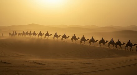 Camel Caravan Riding Across the Sahara Desert at Sunset Silhouette