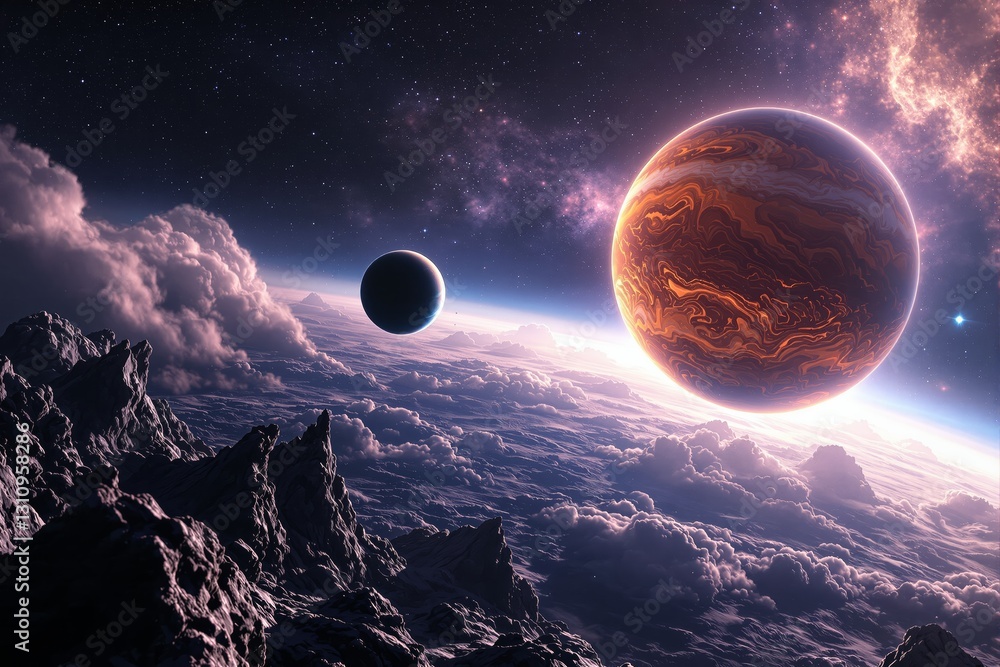 Poster planets above rocky landscape with clouds.