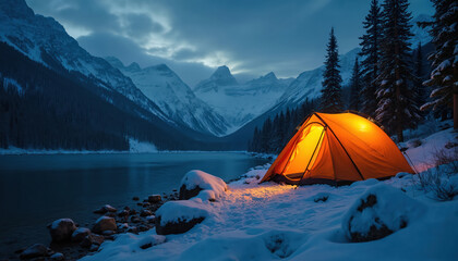 Illuminated orange camping tent stands on snow near frozen mountain lake at night. Winter forest landscape. Adventure travel outdoors. Shelter illuminated in nature. Holiday vacation scene. Dramatic