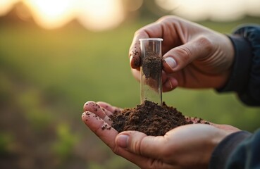 Fototapeta premium Hands hold soil sample in test tube. Study of earth microorganisms for regenerative agriculture and carbon sequestration. Analyzing compost fertility and soil quality on a farm land field.