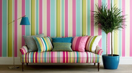 Vibrant Striped Sofa in Colorful Interior with Decorative Plant